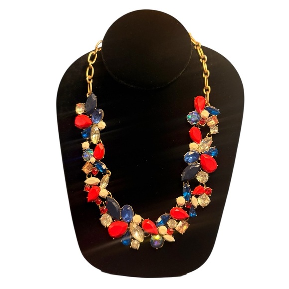 Vintage J. Crew Gold Chain Red/Blue Multicolor Gem Cluster Necklace 20”